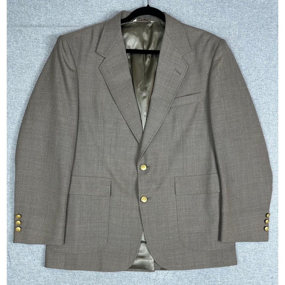 Stafford Blazer 44R Gray Brown Beige Worsted‎ Wool Gold Button Sport Coat Crest